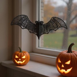 Hanging Halloween Bats Decorations, Black Woven Rattan Bat Ornament 9.8-Inch Wide, Outdoor & Indoor Decor for Porch, Tree, Yard, Lawn, Rustic Farmhouse, Horror Party Supplies