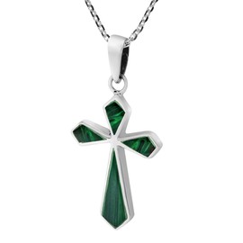 AeraVida Modern Faith .925 Sterling Silver Cross with Green Malachite Pendant Necklace | Elegant Sterling Silver and Malachite Cross Necklace for Women | Christmas Religious Jewelry Gift
