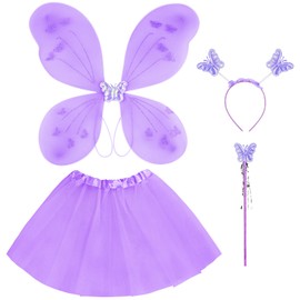 AYBUY Fairy Wings Kids Costume, Fairy Butterfly Wings with Mesh Tutu, Magic Wand and Headband, Purple Fairy Princess Skirt Set, Fairy Dressing up Costume for Girls