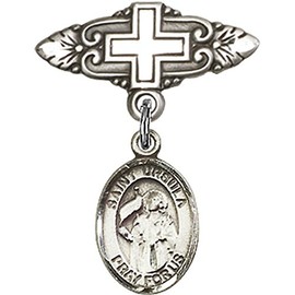 Sterling Silver Baby Badge with St. Ursula Charm and Badge Pin with Cross 1 X 3/4 inches