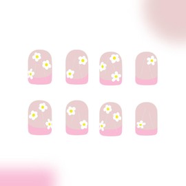 Square Press on Nails Short Fake Nails Pink French Tip Nails Press ons Glossy Glue on Nails Spring Acrylic Nails Brown False Nails with Flower Designs Summer Stick on Nails for Women 24Pcs