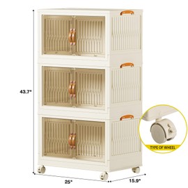 Stackable Storage Bins 104 Qt, Folding Storage Box with Lids and Doors, Open Front Folding Storage Bins with Wheels Large Plastic Storage Container Closet Organizers (3 Tier)