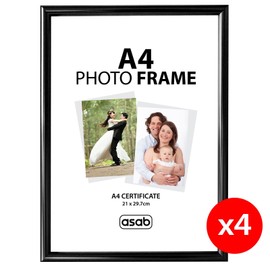 ASAB A4 Frame Wall Hanging Hooks Flat Classic Design A4 Picture Frame with Quick Photo Insertion Clear Acrylic Display for Table Top A4 Picture Frame for Home and Office (Black, Pack of 4)