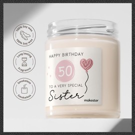 50th Birthday Gifts For Sister - Luxury Soy Wax - Vanilla, Jasmine, Sugared Almond - Makester