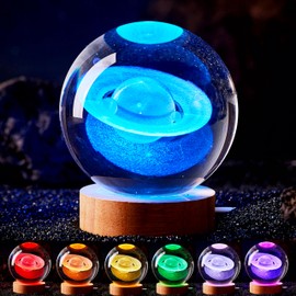 3D Large Saturn Crystal Ball Night Light with Wooden Base, Solar System Crystal Lamp Gift for Kids Wife Friends, 16 Color Changing with Remote Control, 3.15 inch Planet Glass Ball Lamp (Saturn)