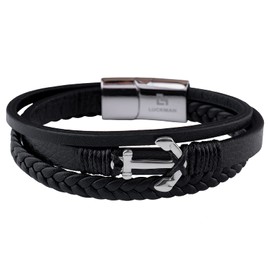 LUCKMAN Pulsera Hombre de Ancla, Cuero Vegano y Acero Inoxidable Plata, Broche Magnético – Joyería y Regalo para Hombre, Papá, Cumpleaños. Modelo Liam