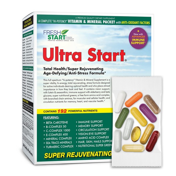 Ultra Start Complete Daily Vitamin Pack | Anti-Aging, Stress Support, Immune Booster | Vitamin A, B, C, D, E, Biotin, Minerals, Elderberry, Beta Glucans, Mushrooms, Amino Acids, Turmeric (30 Packets)