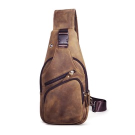 Le'aokuu Men Fashion Casual Tea Designer Travel Hiking Crossbody Chest Sling Bag Rig One Shoulder Strap Bag Men Leather 8015