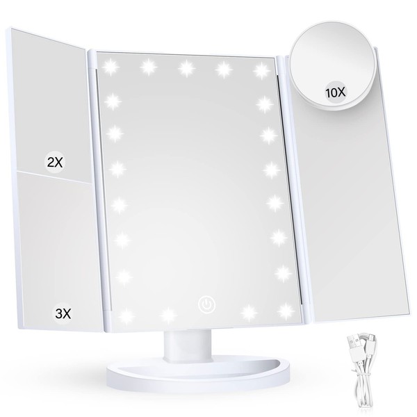 Espejo De Maquillaje Tríptico, Espejo luz led Maquillaje HD con 22 Luces LED,Espejo con Luz para Makeup con USB Cable, Espejo para Maquillaje con Aumentos, Base con Movimiento 180°,Blanco