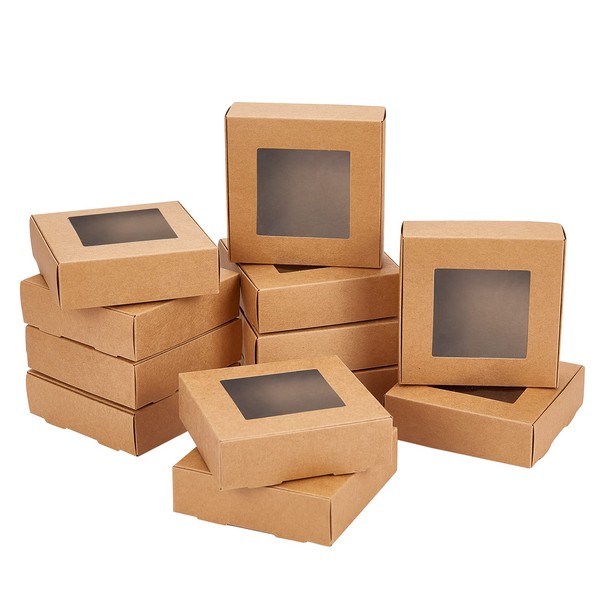 NBEADS 24pcs Gift Box Folding Paper Boxes Biscuit Boxes Kraft Jewelry Boxes with Window 6 x 6 cm for Party Favors Packaging and Jewelry, 9.7 x 9.5 x 3.5 cm Finished