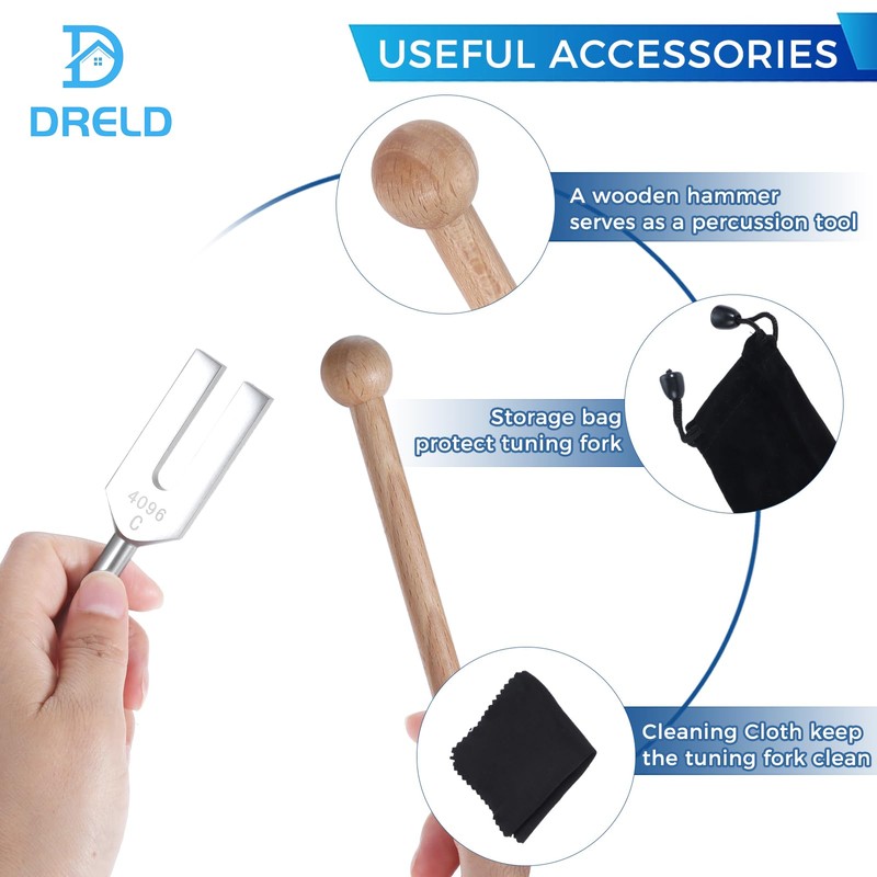 Dreld 4096Hz Tuning Fork, Tuner, Rubber Mallet with Storage Pouch,