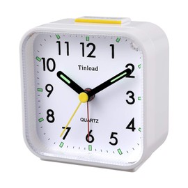 Tinload Small Battery Operated Analog Travel Alarm Clock Silent Non Ticking, Gentle Wake, Ascending Beep Sounds, Snooze,Lighted on Demand, Easy Set(White)