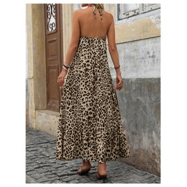 Floerns Women's Cheetah Print Sleeveless Halter Dress Ruffle Hem Y2k Maxi Dress Brown Large