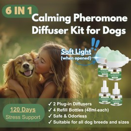 Dog Pheromone Calming Diffuser Kit, Calming Diffuser for Dog (2 Plug-Ins & 4×48ml Refills) for Stress Support, Helps Reduce Barking & Aggression, 120-Day Supply (Non-Toxic, Safe & Inedible)