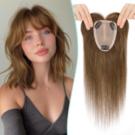 Benehair 100% Remy Human Hair Toppers for Women, 9 * 12CM Silk Base Hairpieces With Bangs 150% Density for Thinning Hair Medium Brown 14 Inch