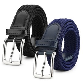 LEACOOLKEY 2 Pack Braided Elastic Belts Casual Stretch Canvas Woven Belts for Jeans Pants，1.18" wide with silver buckle