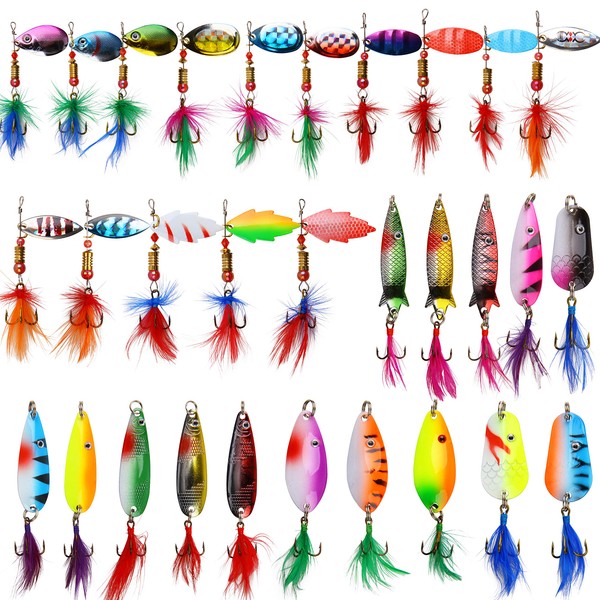 Fishing Lures Kit Rooster Bait Tail Lures Trout Lures Spinner Baits Swimbait Hard Metal Spoon Lures Fishing Spinners with Feather Treble Hooks for Bass Trout Bluegill Walleye Fishing