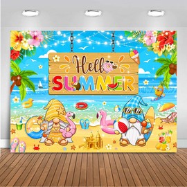 Mocsicka Hello Summer Banner Backdrop Summer Beach Gnome Background Hawaiian Flamingo Pool Party Decorations Aloha Palm Tree Photo Booth Props (7x5ft (82x60 inch))