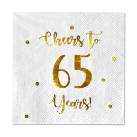 Cheers to 65 Years Cocktail Napkins | Happy 65th Birthday Decorations for Men and Women and Wedding Anniversary Party Decorations | 50-Pack 3-Ply Napkins | 5 x 5 inch folded (White)