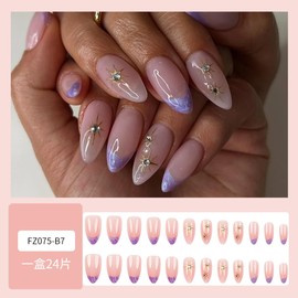 Purple French Tip Press on Nails Short Almond Fake Nails with Designs Metal Star Stick on Nails Nude Glossy Acrylic Nails Full Cover Pink False Nails Gilded Gem Glue on Nails for Women Manicure 24pcs