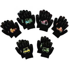 6 Pairs Toddler Mittens Winter, Stretch Toddler Gloves, Soft Knitted Cartoon Kids Gloves, Mittens Kids for Little Boys Girls (Engineer Vehicles, 4-11years old)