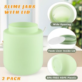 2 Pack 16 OZ Plastic Jars Round Cosmetic Container with Lids,Wide Mouth Soft Slime Jars for Lotion,Hand Cream,Ointment,Makeup,Body Butter,Rhinestone,Candle Making,Leak Proof Make Up Storage Jar-Green