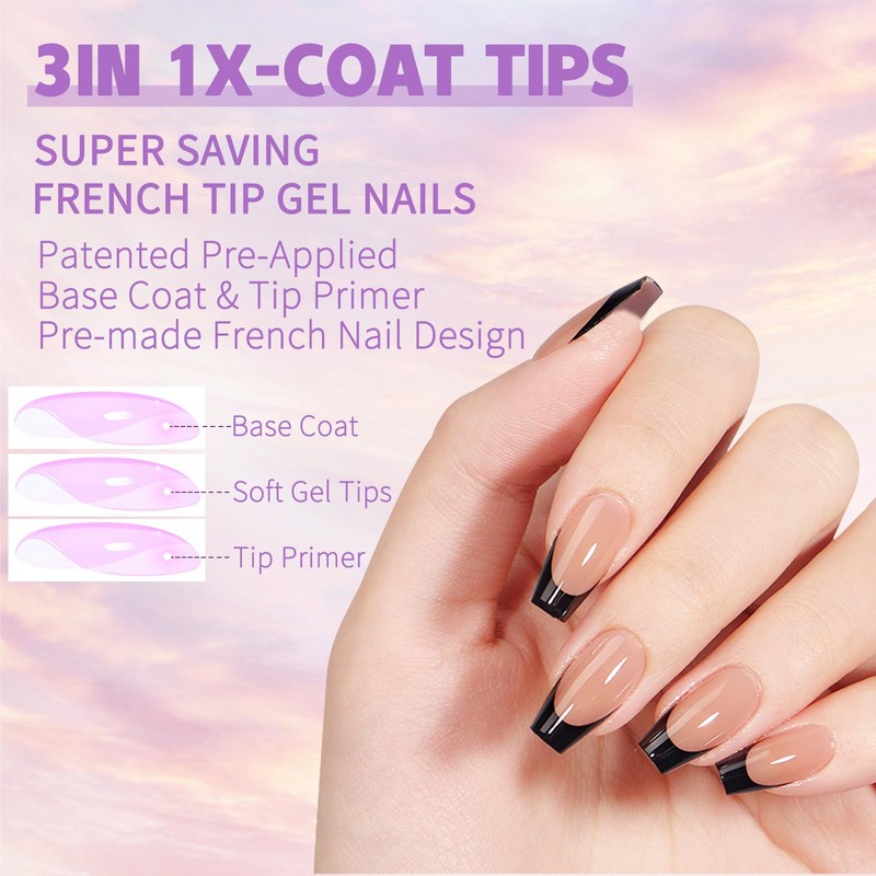 Maigitur Black French Tip Nails - Press On Coffin Shape