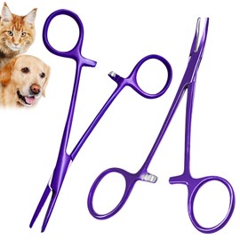 Pack of 2 Piercing Pliers and Hook Remover Pliers Made of Stainless Steel - Tweezers for Cats and Dogs Hair - Sawtooth Design - Artery Clamp (Purple)