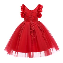Weileenice Bright Red Flower Girl Dress Christmas 6 7 Toddler Reception Party Wedding Pageant Bridesmaid Birthday Princess Ball Dresses Kids Fancy Lace Holiday Tulle Tutu Dresses Prom Concert Recital