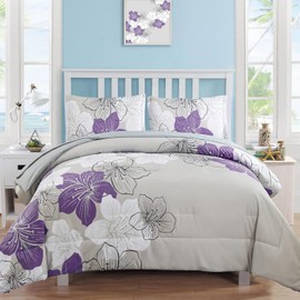 Luxudecor Floral Comforter Set Full Size Purple Floral Pattern Bedding Comforter Soft Microfiber 7 Pieces Bed in a Bag (1 Comforter, 2 Pillow Shams, 1 Flat Sheet, 1 Fitted Sheet, 2 Pillowcases)