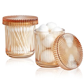 PENCK 2 Pack Ribbed Glass Qtip Holder with Lid, Amber
