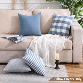 CARRIE HOME Light Blue Boho Striped Pillow Covers 18x18 Farmhouse Outdoor Pillow Covers Blue Room Decor for Couch Sofa Bedroom Set of 2