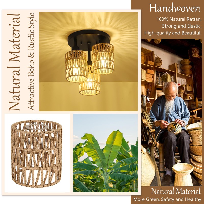 3-Lights Boho Light Fixtures Ceiling Mount, Farmhouse Rattan Chandelier, Hand