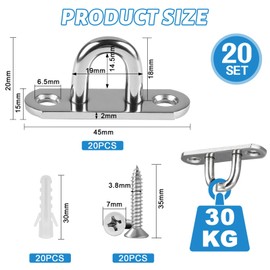 EXLECO 20 x M5 Eye Plate with Eyelet, Stainless Steel Mounting Hooks, Ceiling Hooks, Eye Plate, U-Hooks, Deck Plate, Awning Mounting Set, Hook with Eyelet for Attaching Awning Patio Ropes