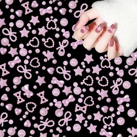 Pearl Nail Charms,500PCS Mixed Styles Star Bow Bowknot Pearl Love Heart Nail Gems,3D Pink Pearls Nail Art Decorations for Nail Art Design DIY Crafting Jewels Accessories (Pink)