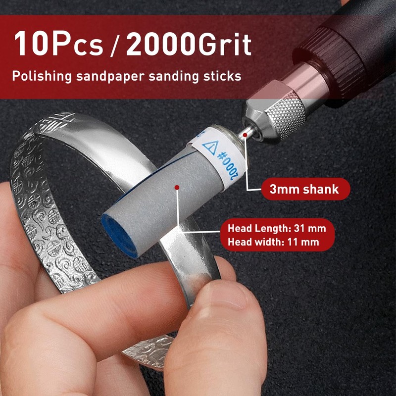 10Pcs 2000 Grit Sanding Drums Sandpaper Sticks Set with 1/8"(3mm)