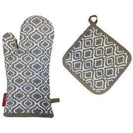 Set of 2, 100% Cotton with Silicone Treatment Lattice Design Kitchen Set, 1 Oven Mitt, 1 Pot Holder. (Black)