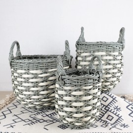ESPIDOO Wicker Storage Laundry Basket: 3-Pack Stackable Hand-Woven - Minimalist Gray & Beige Plastic Baskets with Handles - Durable Multi-Functional Lightweight - Home Storage for Modern Women - Livin