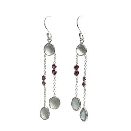 India with Love Sterling Silver Drop Earrings, Blue Topaz and Ruby Gemstones, Double Chain Design