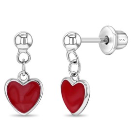 925 Sterling Silver Child's Pink Enamel Heart Dangle Earrings With Safety Screw Back - Best for Toddlers, Young Girls, Pre Teens & Teens- Good Choice For Daily or Party Wear
