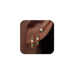 Christmas Earrings for Women, Gold Red Green Stud Hoop Festive Holiday Earring Set for Christmas Jewelry Gifts