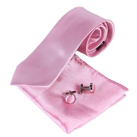 SEVENHEAD Mens Solid Color Tie 8cm and Pocket Square Cufflink Set for Men Wedding Business, Pink