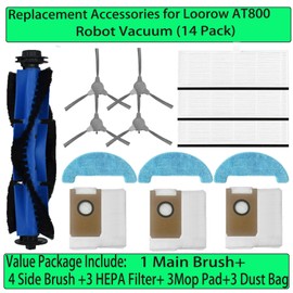 Replacement for Loorow AT800 Accessories : Replace Part for Loorow AT800 3-in-1 Robot Vacuum 1 Main Brush 4 Side Brush 3 Filter 3 Mop Pad 3 Dust Bag (14 Pack)