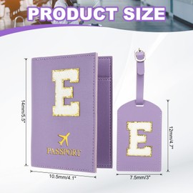 PATIKIL Passport Holder for Travel, Initial Passport Cover and Luggage Tag Set with Alphabet Chenille Letter Patch Travel Wallet Bag Suitcase Identifier for Women Family Travel Purple E