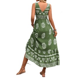 Green Floral Maxi Dress for Women Maxi Summer Floral Print Flowy V Neck Sleeveless Bohemian Beach Casual Travel Long Dresses 583 Green Floral S