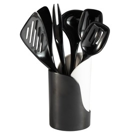 Hutzler 7-Piece Mini Melamine Cooking Utensils and Storage Crock Set, Includes 7.5 Inch Long Fork, Slotted Spoon, Solid Spoon, Ladle, Spreader and Slotted Turner (Black)
