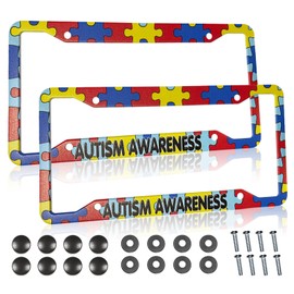 Autism Awareness License Plate Frame 2 Set Colorful Stitching Puzzle Pieces Aluminum Metal 4 Holes Novelty Licenses Plates Frames Licenses Plate Covers Car Tag Frame for Women Men US Vehicles