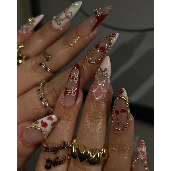 Luxury Gothic Press On Nails Handmade Red Gold French Tip
