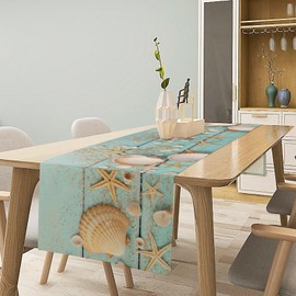 JanJCurt Starfish Seashell Table Runner, Summer Beach Nautical Coastal Rustic Farmhouse Wooden Plank Blue Ocean Table Runner for Dinning Holiday Party Indoor Outdoor Decor 13x36 Inch