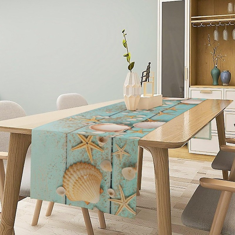 JanJCurt Starfish Seashell Table Runner, Summer Beach Nautical Coastal Rustic